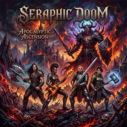 Dark Gothic Fantasy Album Cover with Metal Musicians Facing Villain