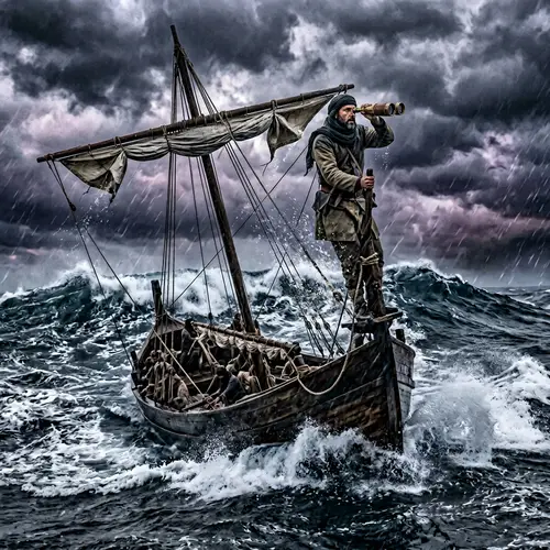 Courageous Middle-Eastern Sailor Guides Ship Through Stormy Seas
