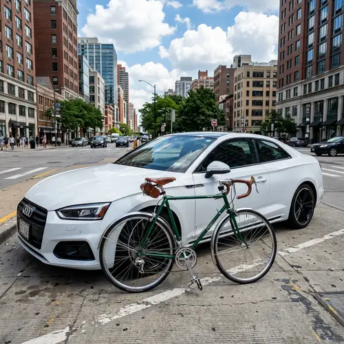 Shiny White Car & Green Bike in Urban Setting | Website