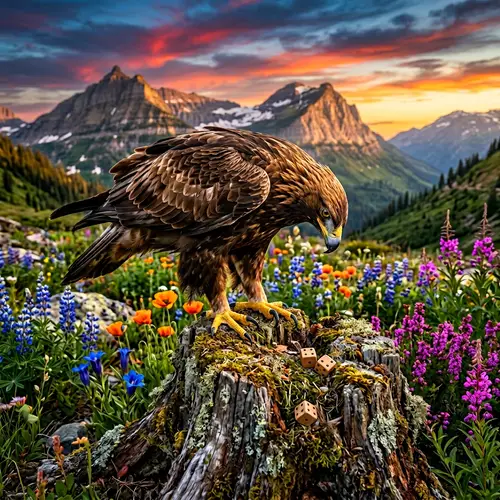 Golden Eagle on Mossy Tree Stump Watching Dice