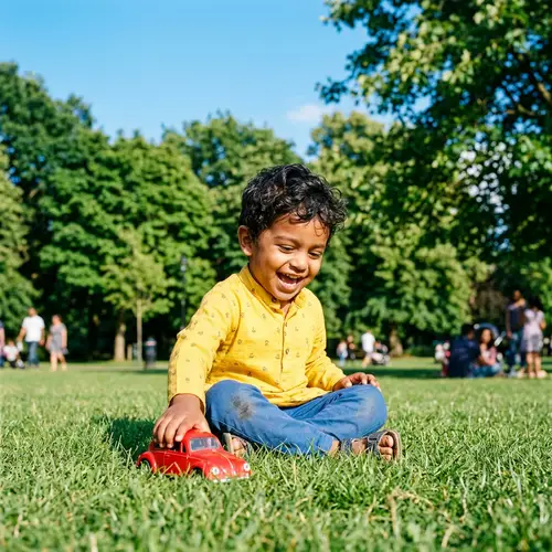 Cheerful South Asian Child Playing with Red Toy Car in Park