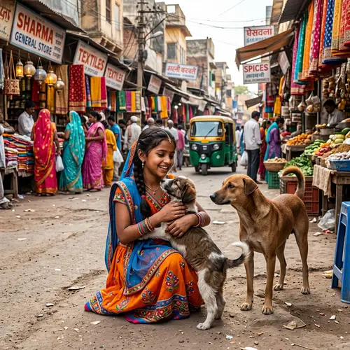 Beautiful Indian Girl and Street Dog: Heartwarming 3D Image in 16k