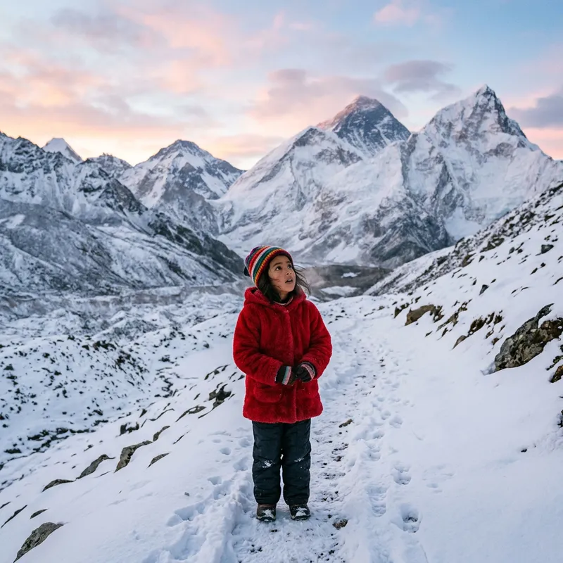 Young Girl in Coat on Snowy Mountain