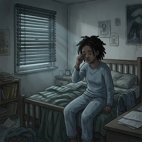 Melancholic African Descent Girl Waking Up in Gloomy Bedroom