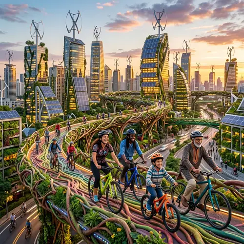 Vibrant Cityscape with Sustainable Skyscrapers and Community Cycling