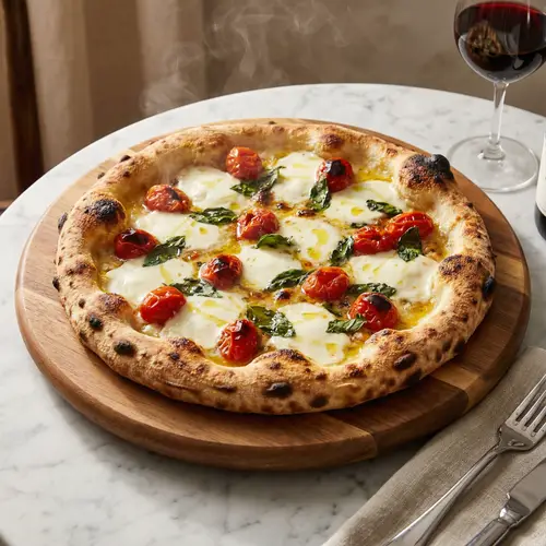 Delicious Freshly Baked Pizza with Mozzarella Cheese and Basil Leaves