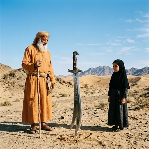 Sandy Landscape with Zulfiqar Sword, Elderly Man, and Girl in Black Hijab