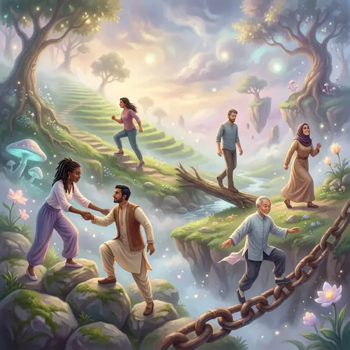 Diverse Group Overcoming Obstacles in Surreal Scene