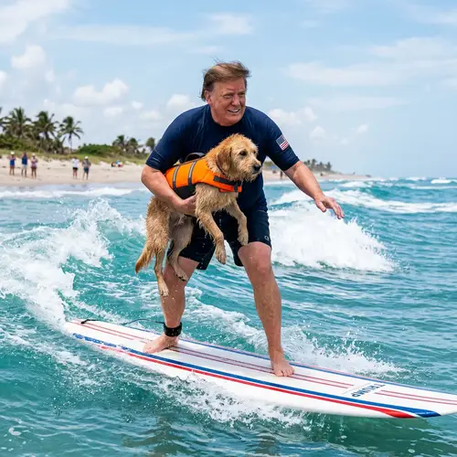 Donald Trump Surfing with a Dog in the Ocean