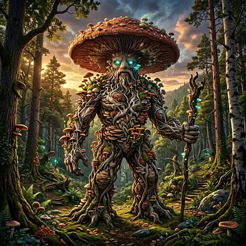Ancient folklore deity of fungi in majestic forest setting
