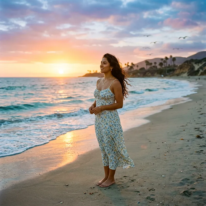 Beautiful Girl Next to Tranquil Beach Sunset Beautiful Girl Next to Tranquil Beach Sunset