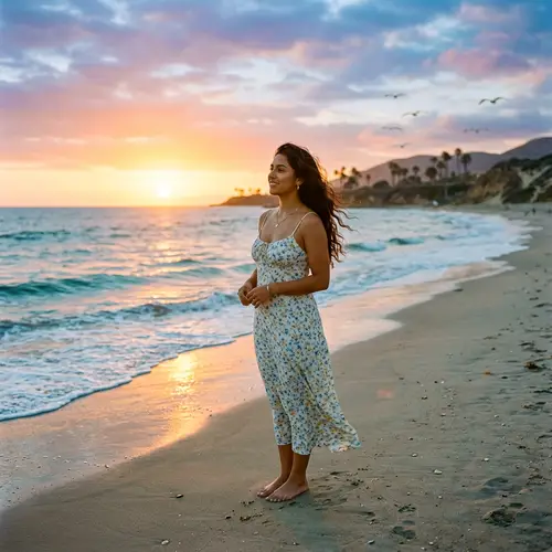 Tranquil Beach Sunset with Hispanic Woman