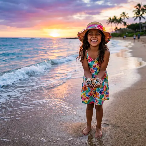 Tranquil Beach Sunset: Happy Hispanic Girl with Seashells