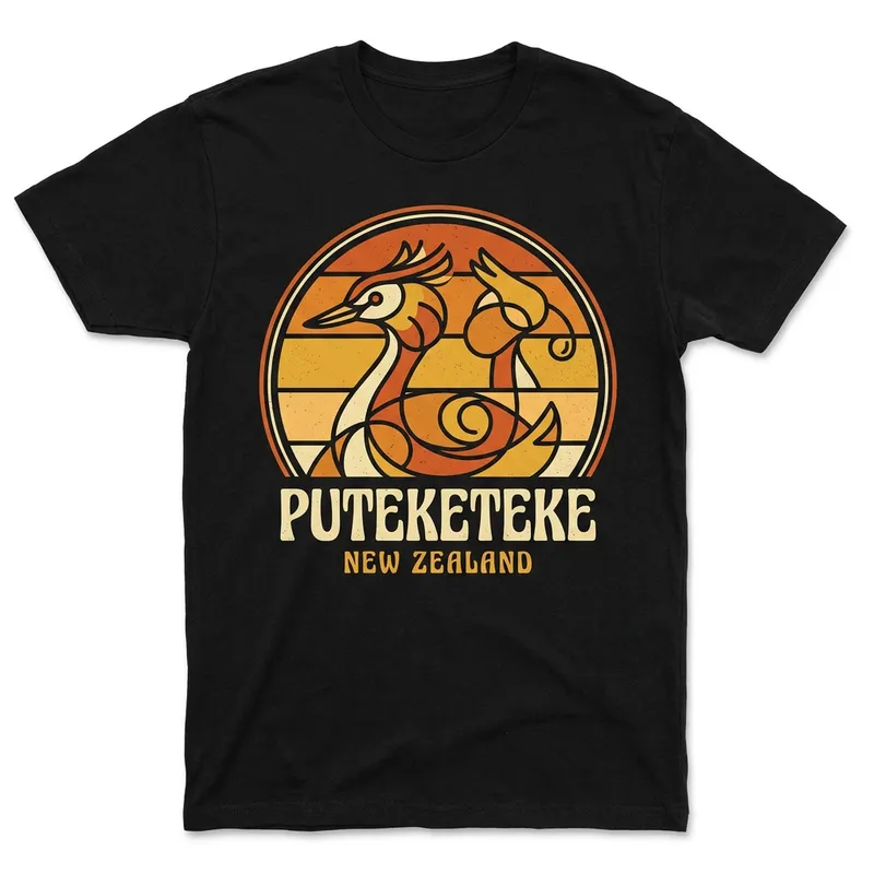 Vintage Sunset Backdrop featuring Puteketeke in Retro Whimsy Style