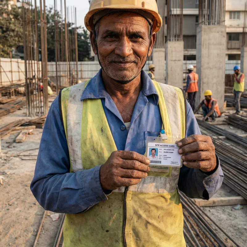 Uniformed Worker Holding ID Card
