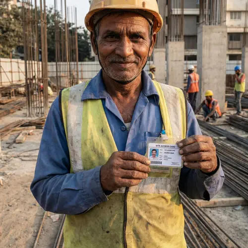 South Asian Construction Worker: Securely Holding Identification Card