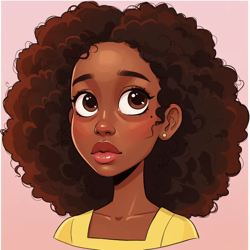 Cartoon of Black Lady with Curly Hair & Big Eyes