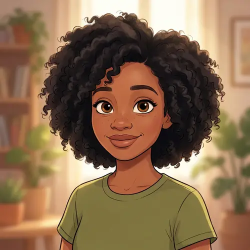 Cartoon of Black Lady with Curly Hair & Big Eyes