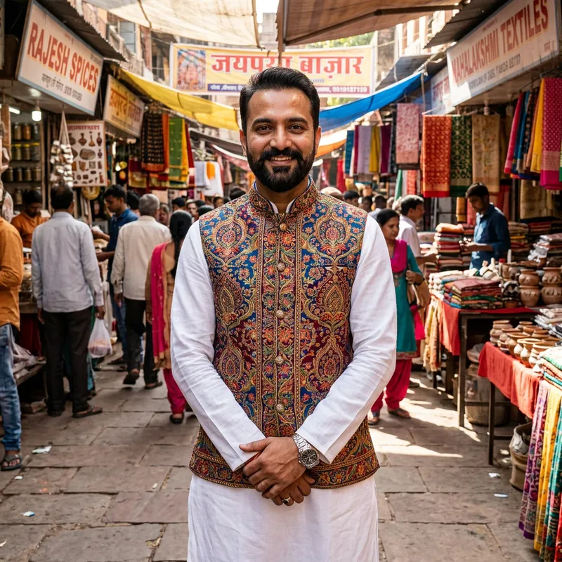 Confident Indian Businessman in Bustling Marketplace | Cultural Heritage