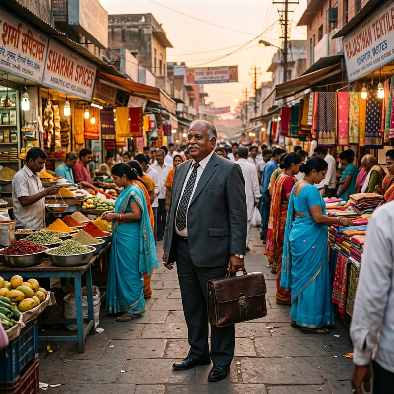 Elderly Indian Businessman in Colorful Marketplace - Vibrant Scene Elderly Indian Businessman in Colorful Marketplace - Vibrant Scene