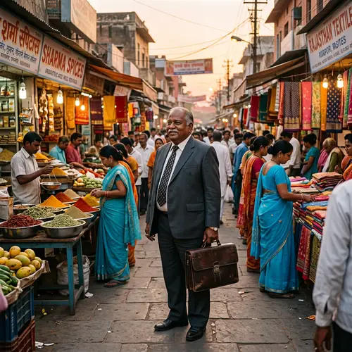 Elderly Indian Businessman in Colorful Marketplace