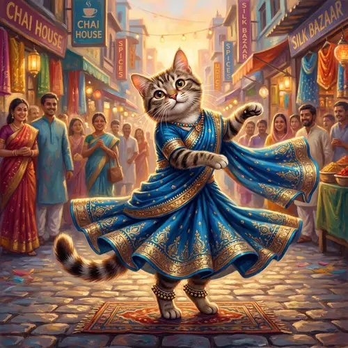 Whimsical Cat in Blue Saree Dances in City