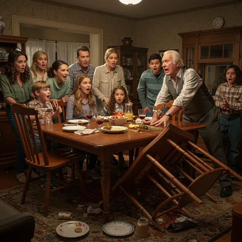 Grandfather Overturns Table in Family Scene