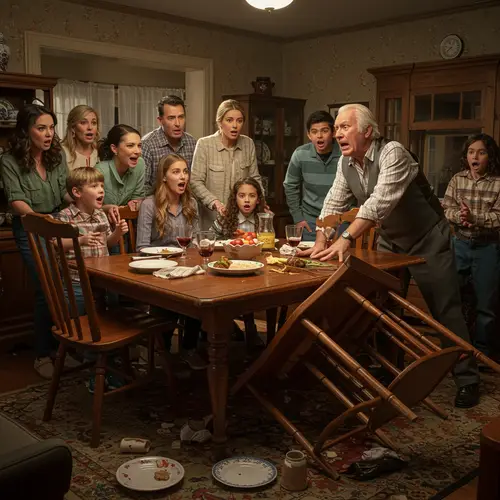 Grandfather Overturns Table in Family Scene
