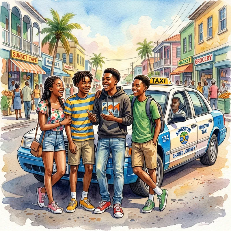 Four African-American Teens Sharing Laughter by Taxi Cab Four African-American Teens Sharing Laughter by Taxi Cab