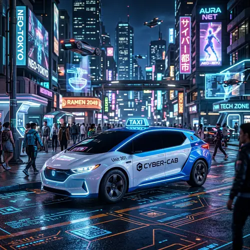 Sleek White and Blue Taxi Cab in Cybernetic City