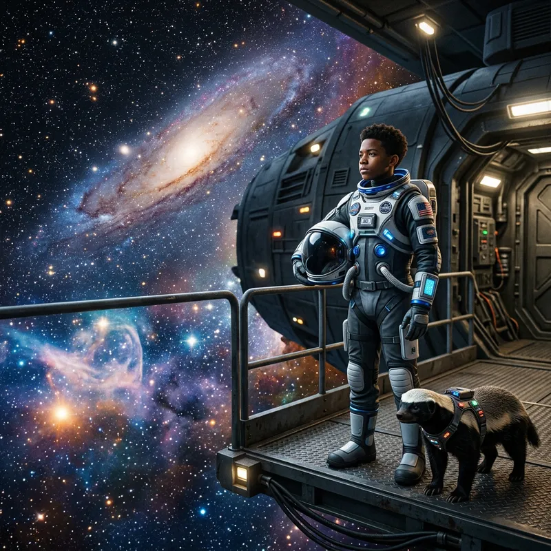 Youthful Black Astronaut & Fearless Honey Badger in Cosmic Adventure