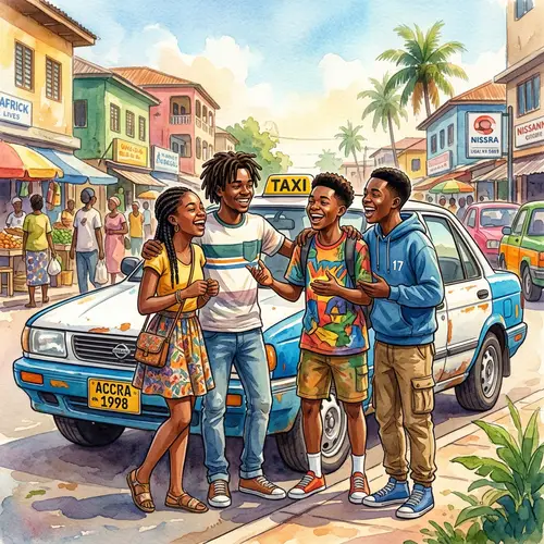 Heartwarming Watercolor Painting of African American Teenagers by White and Blue Taxi Cab