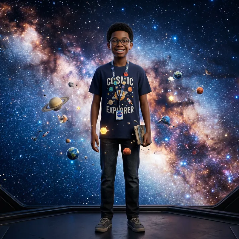 African American Teen in Cosmic Galaxy with Glasses | Space-Themed T-Shirt African American Teen in Cosmic Galaxy with Glasses | Space-Themed T-Shirt