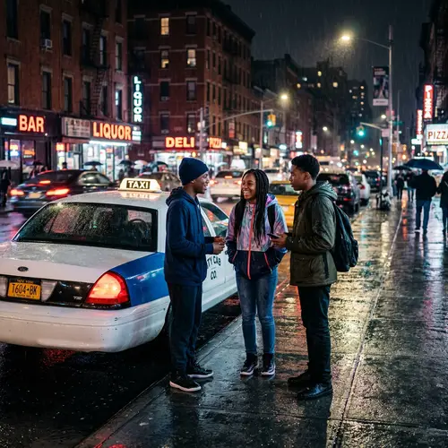 Urban Street Scene with African-American Teenagers on a Rainy Night