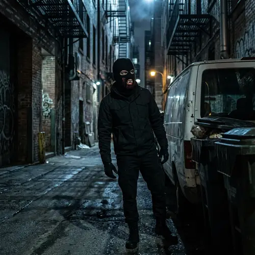 Ominous Vampire Stands by White Van in Dim Lit Alleyway