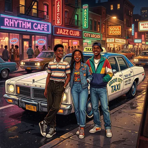 Vintage African American Teens with Classic Taxi Cab Artwork