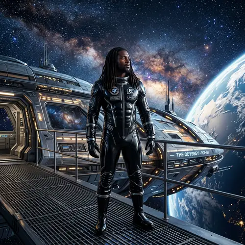 Regal Man of Black Descent in Cosmic Spacesuit - Space Exploration