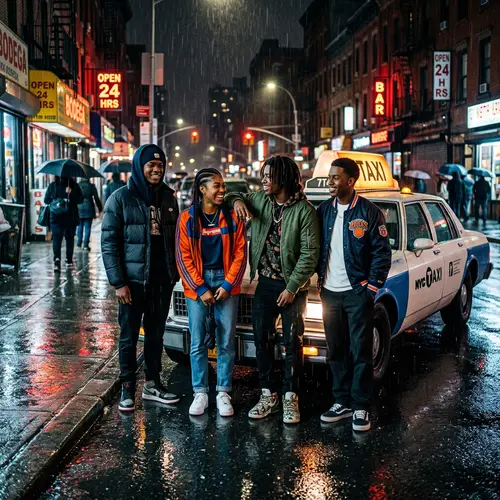 Contemporary Streetwear: Urban Teenagers Near Vintage Taxi in Rain