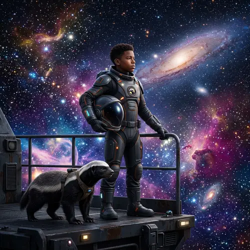 Futuristic 13-Year-Old Black Male Astronaut in Cosmos