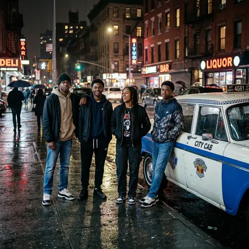 Urban Teens in Stylish Attire by Vintage Taxi at Night