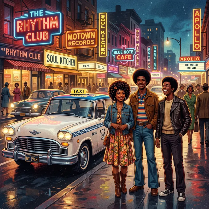Nostalgic Niche Art: Teenagers by Classic Taxi in Retro Street