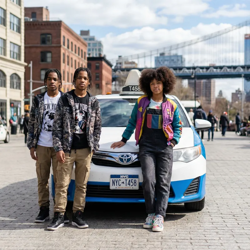 Stylish Black Teenagers Posed Urban Fashion with Taxi Cab