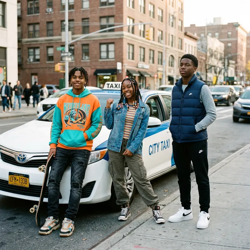 Urban Teenage Fashion: Stylish Black Kids Pose by White and Blue Taxi Urban Teenage Fashion: Stylish Black Kids Pose by White and Blue Taxi