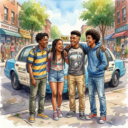 Watercolor Painting of African American Teenagers by Taxi Cab