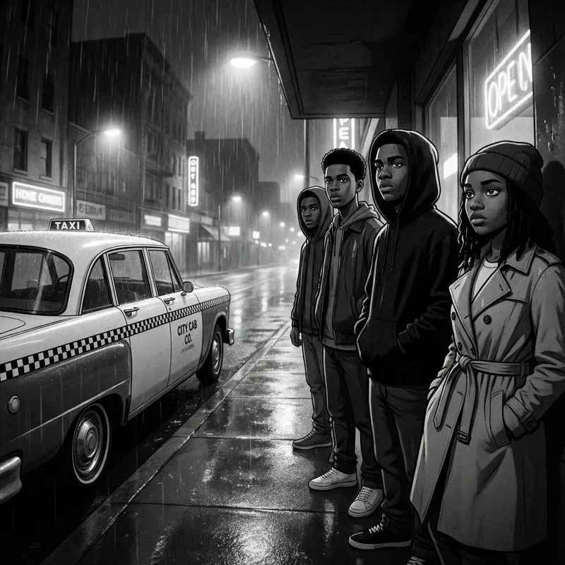 Vintage Streetwear Style: African American Teens in Urban Night Scene