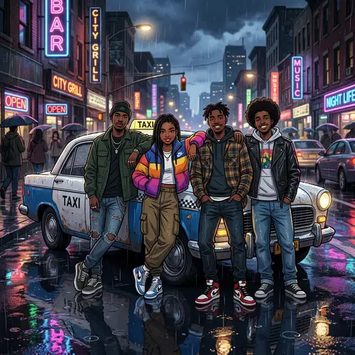 African American Teenagers in Fashionable Street Attire Near White and Blue Taxi Cab