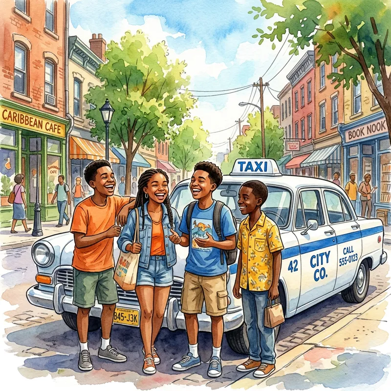 Joyful African American Teens Cherishing Taxi Cab Moment Joyful African American Teens Cherishing Taxi Cab Moment