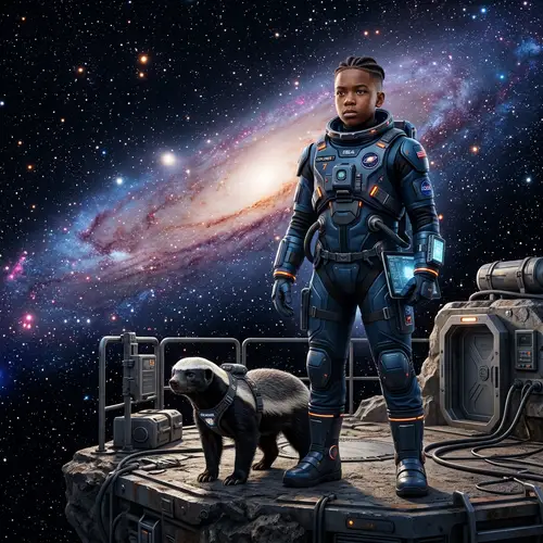 Young Black Male in Futuristic Spacesuit Amid Cosmic Wonders