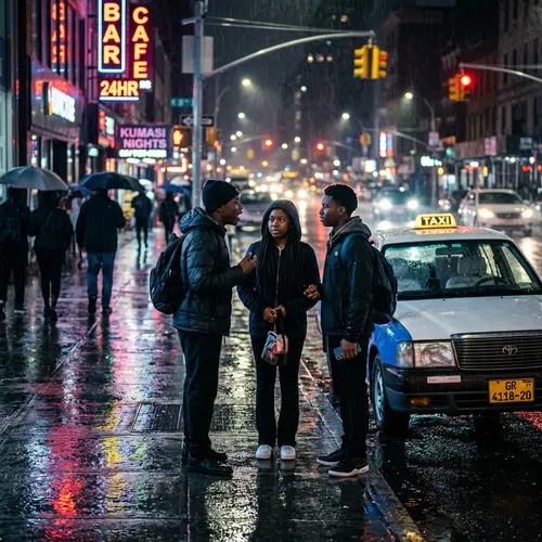 Urban Mystique: Black Teenagers by Taxi Cab on Rainy Night