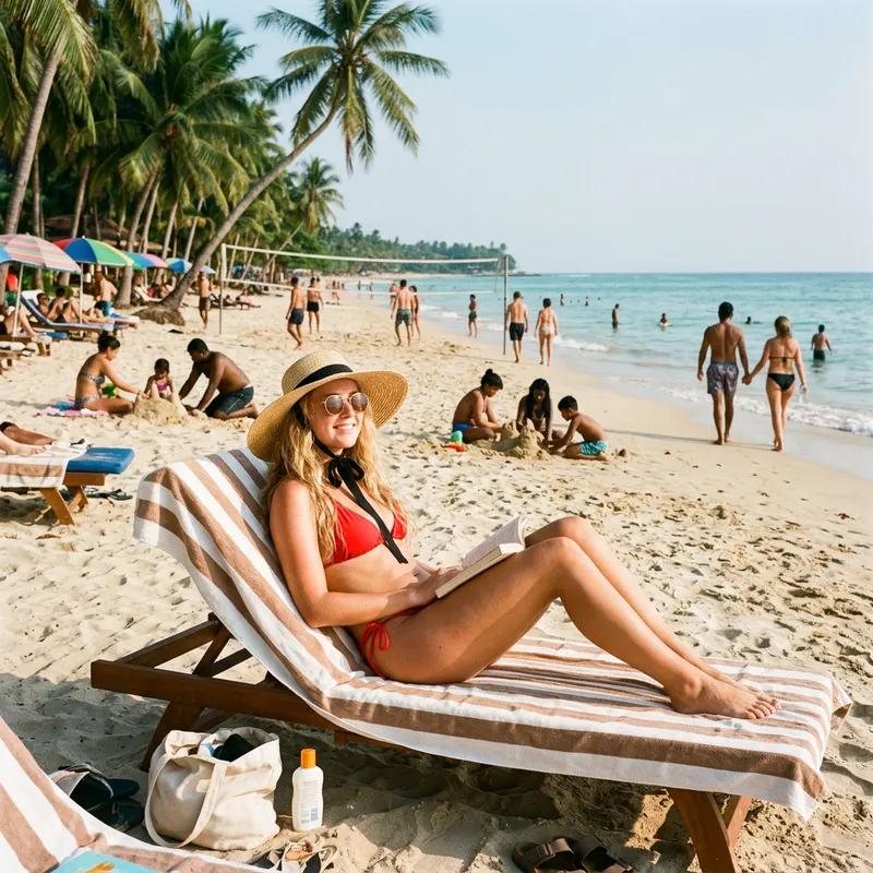 Beautiful Blonde Girl in Red Bikini Relaxing on Tropical Beach